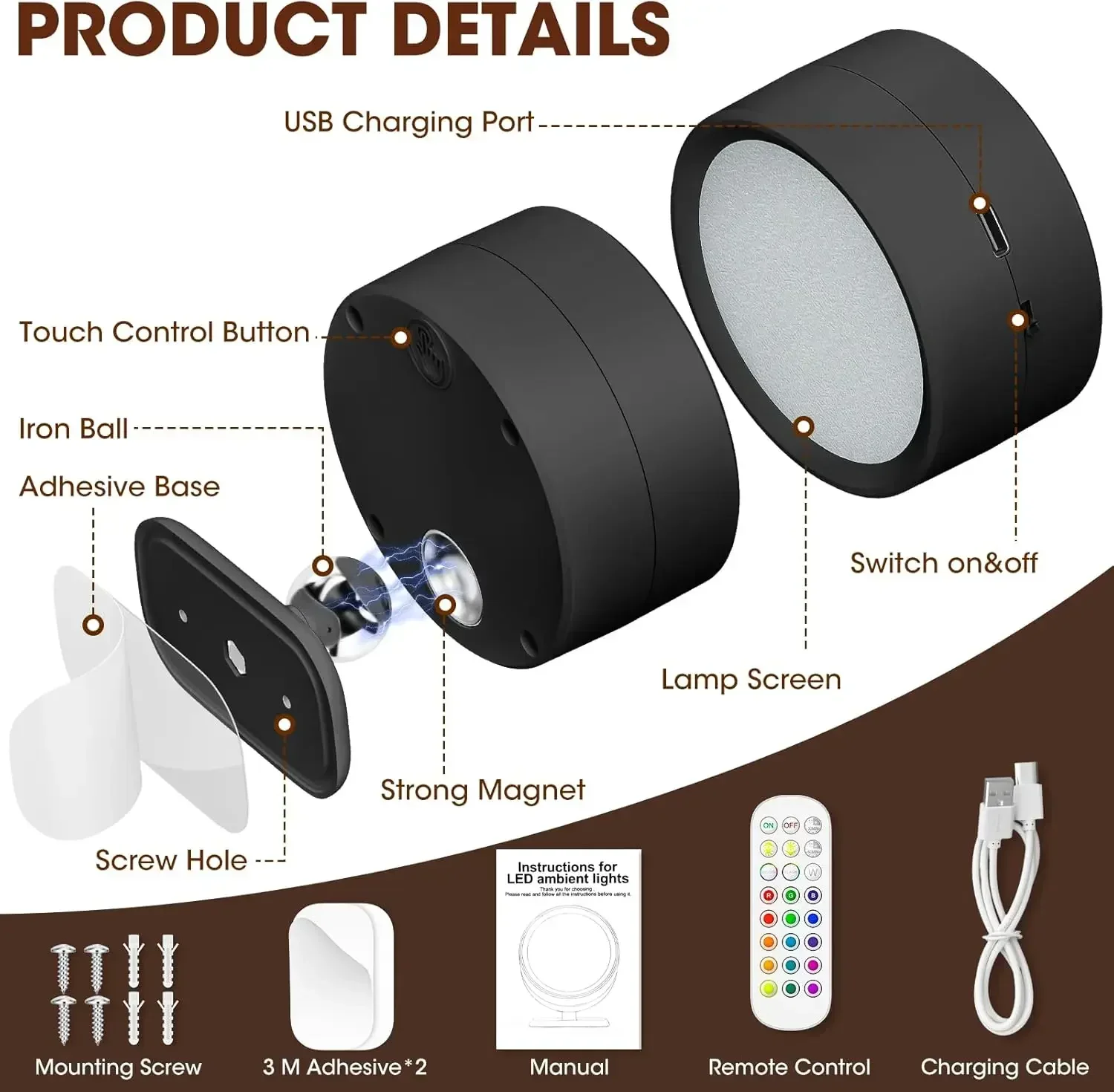 LED Wall Mounted Lights with Remote Wireless Magnetic Wall Sconces 3 Color Dimmable USB Rechargeable for Bedroom Bedside Light - Image 6